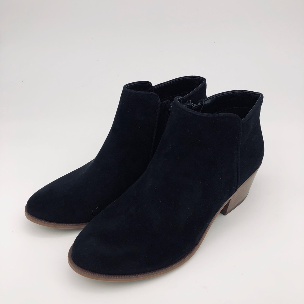 Amazon essentials microsuede black ankle boot.